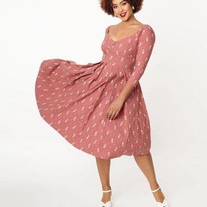 Unique Vintage Rose & Pink Tulip Print Lamar Swing Dress - M 6/8